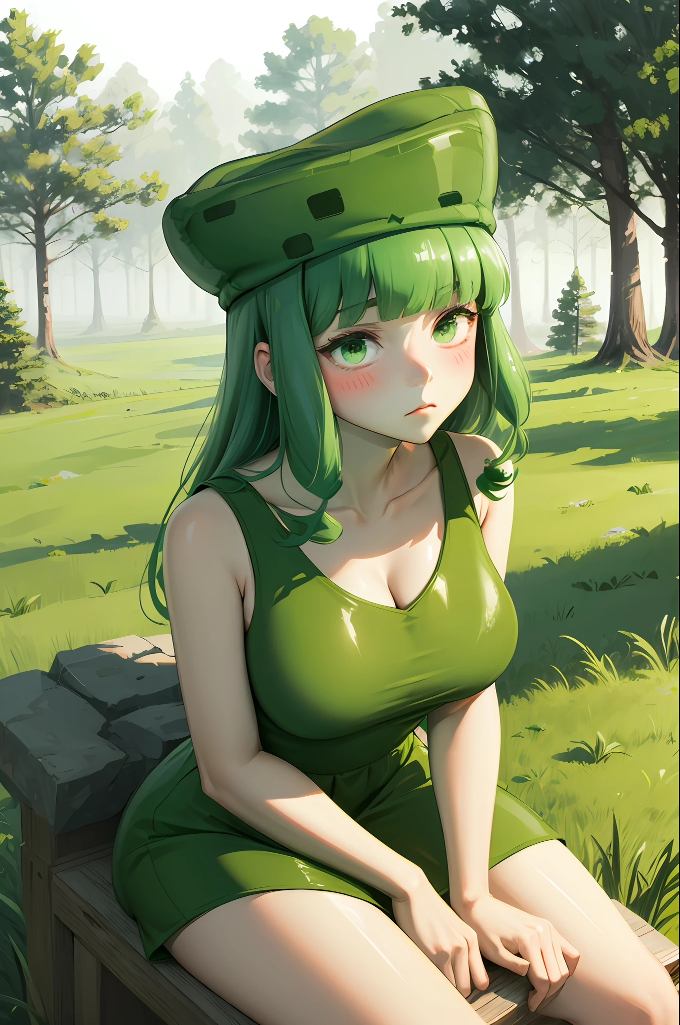 masterpiece, best quality, slim3, green skin, slime girl,blush on face,green hat,green dress,big breasts,sitting on block, grass, trees, field, nervous, furrowed brow