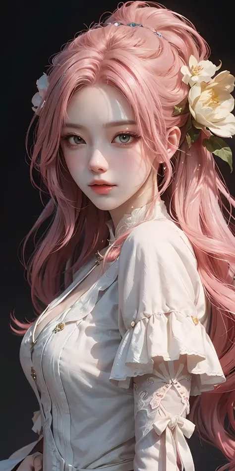 Close-up of a gradient pink-haired woman wearing a white mask, artwork in period costume, seductive redhead, Yang J, epic exquisite character art, stunning character art,