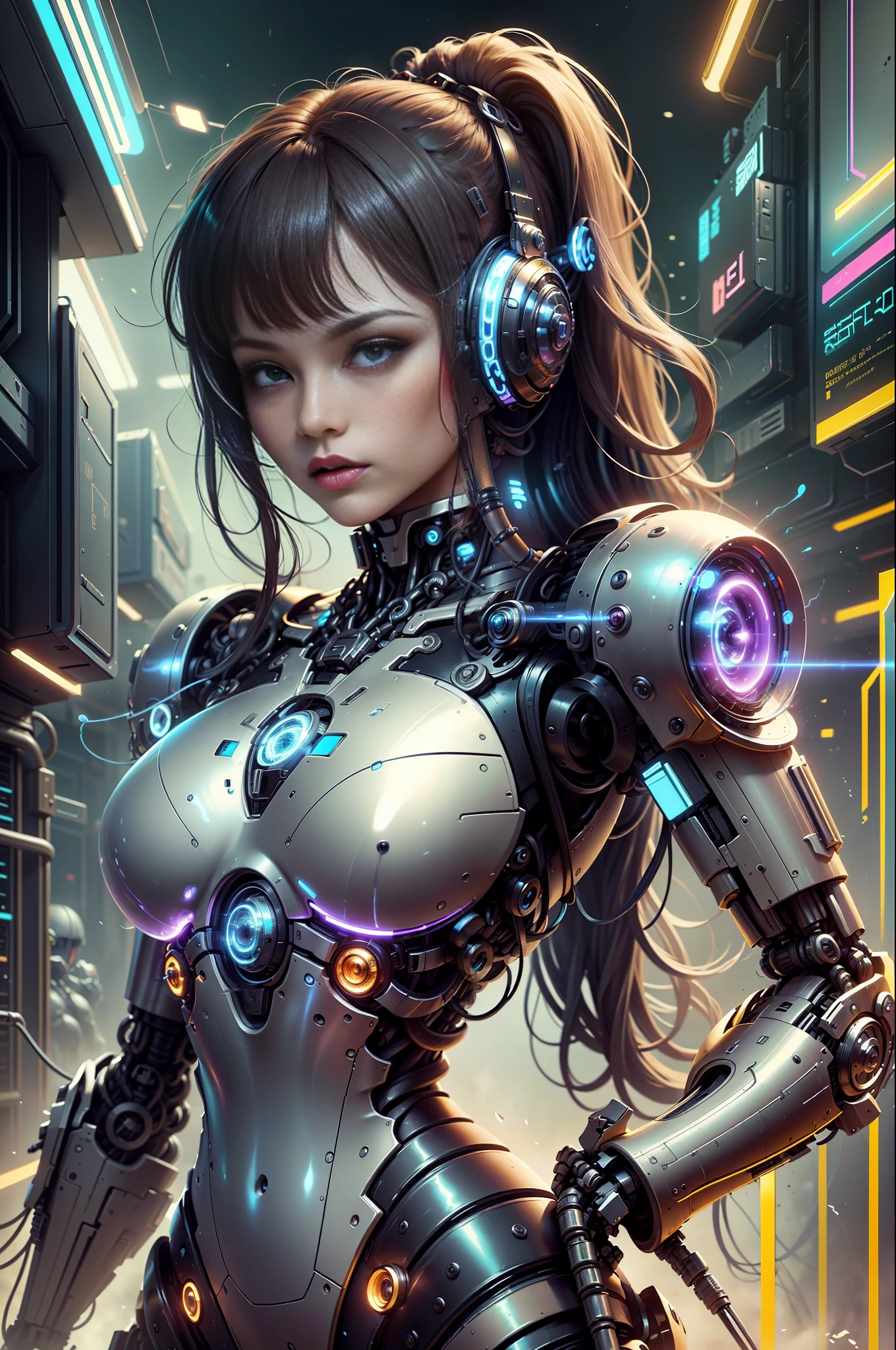 (Masterpiece, Top Quality, Best Quality, Official Art, Beauty and Aesthetic: 1.2), (1 Girl), Mecha, Future, Technology, Light, Cyberpunk City, Entanglement, Upper Body, Extremely Detailed, (Fractal Art: 1.3), colorful and most detailed --auto --s2