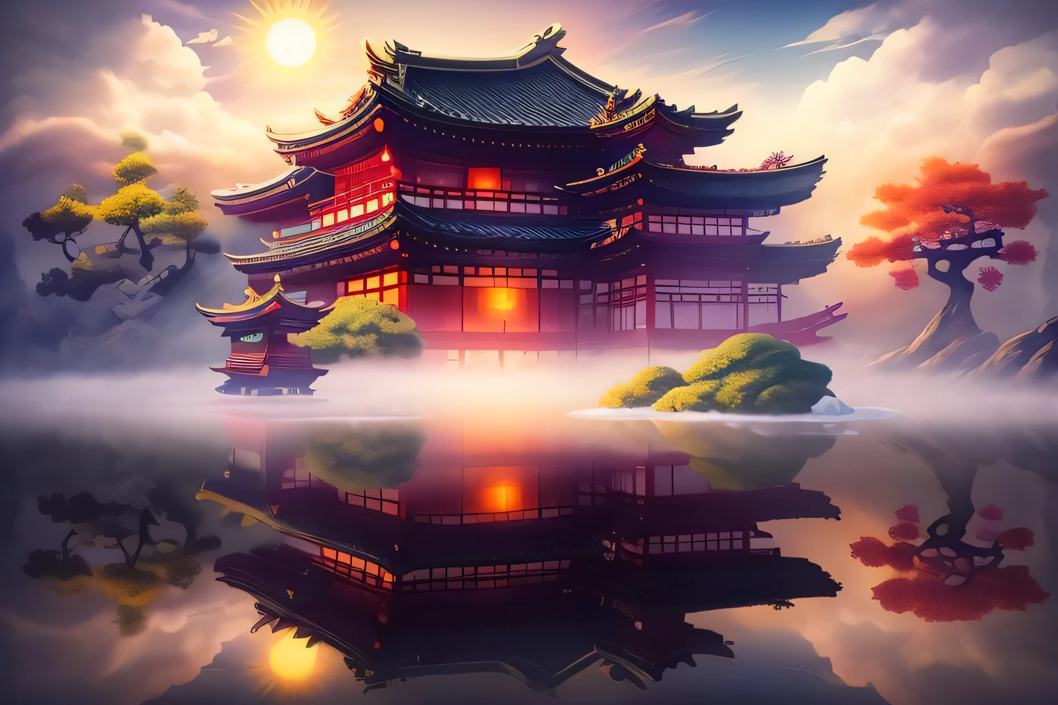 MASTERPIECE,gufengmap,water,garden,monochrome,glowing,cureglowing\(skill icon\),light white theme,fantastic,light,japenese buildings,sun,tree,Clouds and mist wreathed the air