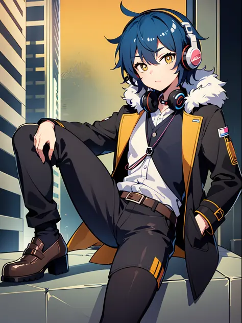 two-dimensional cartoon boy shota shota, suit, leg ring, coat, blue hair, brown-yellow pupils, headphones hanging around his nec...