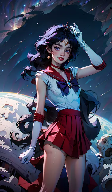 (((masterpiece))), best quality, highres, sama1, tiara, sailor senshi uniform, white gloves, red sailor collar, red skirt, star ...