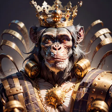 King chimpanzee, with crown and highly detailed props, black background, facing the camera
