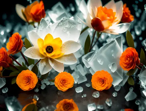 a bunch of flowers that are floating in the water, 
fade, slate gray, orange color lookup, (teal and orange:0.7),  cinematic col...