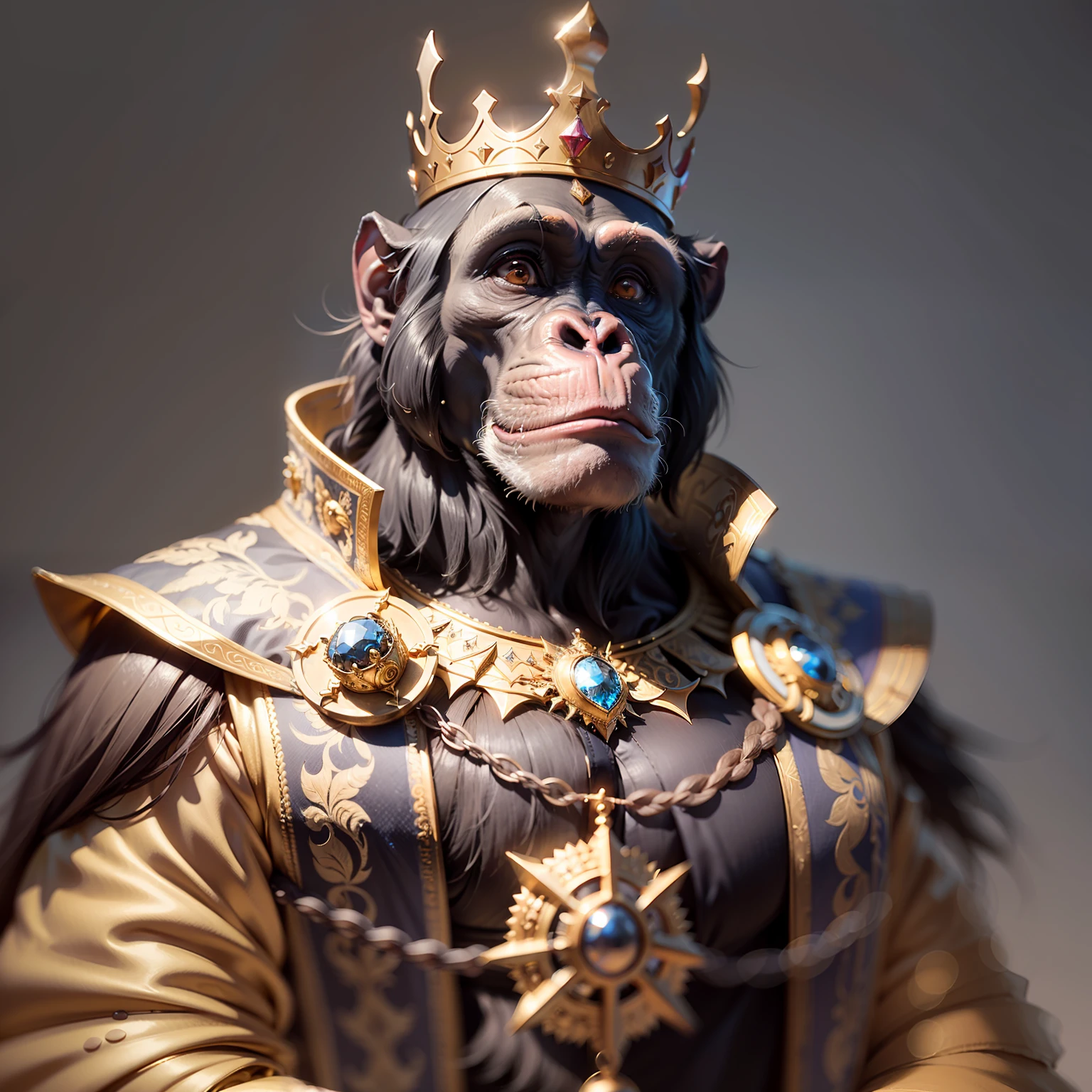 Chimpanzee king,,((elegant)),, sovereign, spiritual, confident, with crown and highly detailed props, black background, facing the camera,, masterpiece,,((masterpiece))