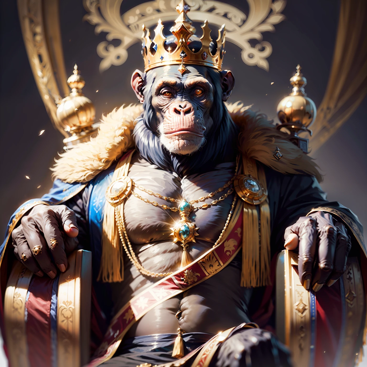 Rey chimpancé,,((elegant)),, soberano, espiritual, seguro, con corona y puntales muy detallados, Fondo negro, Frente a la cámara,, obra maestra,,((obra maestra))