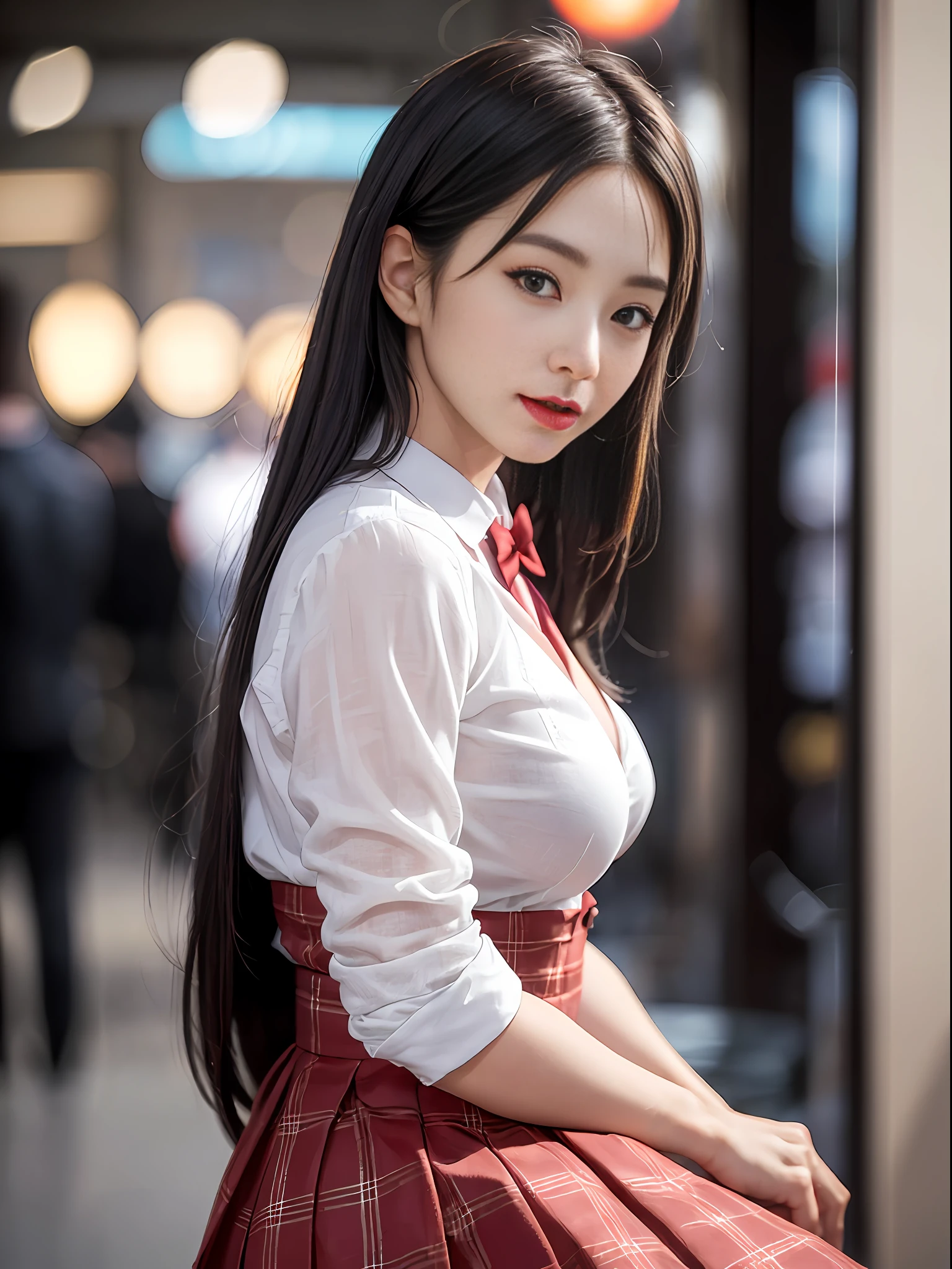 ((Best Quality, 8K, Masterpiece: 1.3)), Super Cute Beautiful Woman, 1 Girl, (Beautiful Breasts:1.3), (Abs, Slender Figure: 1.1), Sharp Focus, (((Intricate Details)), High Detail, Upper Body, One Girl, Black Straight Hair with bangs, Japan Schoolgirl Uniform, White collard shirt, red blazer, white Pleats Skirt, knee-length skirt, 8K, 8K Resolution, clean detailed face, Detailed Body, Detailed Clothes, Sharp Images, Japan Anime Concept Art, trending on Pixiv, looking the viewer, facing the viewer, seductive model pose, seductive smile, pink lipstick, bokeh, field of depth, 8 life size, 8k resolution, upper body image, shot on EOS 5D Mark IV, 35mm lens, f1.8, from side, night Paris Cafe background,