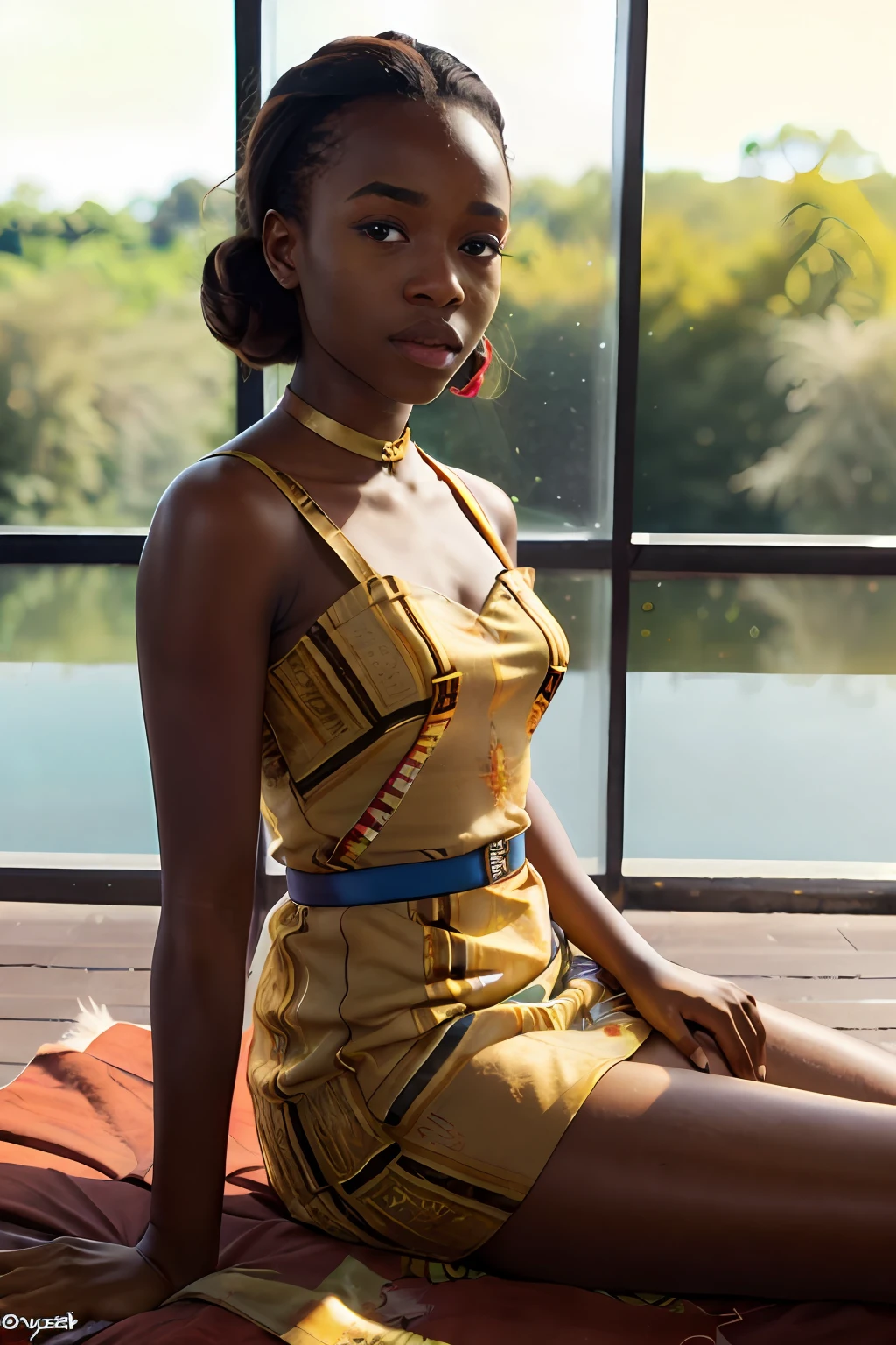 (((very colorful))) ((hyper realistic)) full torso photograph of a young 24 year old (((African woman))) in a flowery silky richly textured short gold buttoned dress with thigh length slit lounging in a beautiful (richly decorated) gazebo by a lush blue lake on a pleasant day subject between the sun and photographer, bright sunny, raw, greatness, indie, and full of magical nature activity, brightly magically lit, shot with professional lenses, panavision motion still, hyper detailed textures, Kodak Portra 400 film, ((35 mm lens)), with double exposure and long exposure techniques and light leaks, (((60s retro vibes))), afro-creative — David Fincher, Emmanuel Lubezki, Gordon Parks, Daido Moriyama, Akinbode Akinbiyi, (((Hasselblad))) (backlighting)