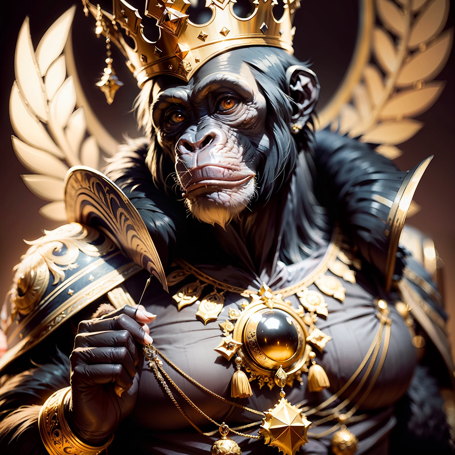 Rey chimpancé,,((elegant)),, soberano, espiritual, seguro, con corona y puntales muy detallados, Fondo negro, Frente a la cámara,, obra maestra,,((obra maestra))