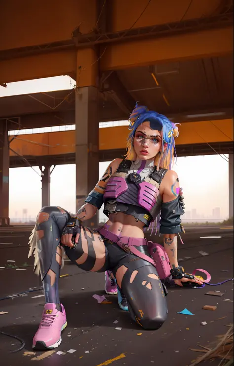 there is a woman with pink hair and tattoos sitting on the ground, looks a blend of grimes, resembling a mix of grimes, photograph of a techwear woman, wearing cyberpunk streetwear, music video, looks like a mix of grimes, cyber punk setting, she looks lik...