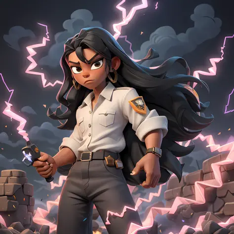 Ladino with long straight black hair, wearing white shirt and military jacket, black pants, hot desert, brawl stars, electric li...