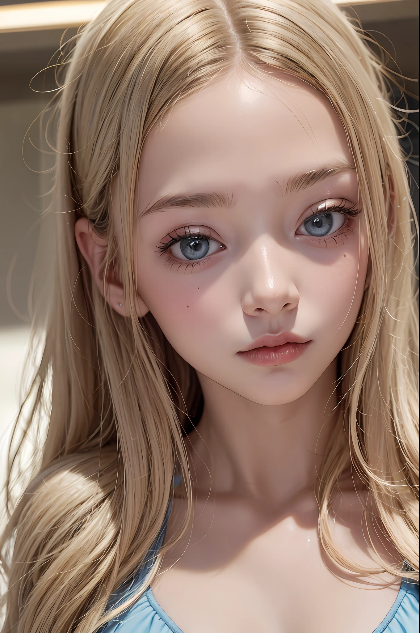 Portrait of a girl, petite girl, baby, , masterpiece, (micro: 1.3) bikini, sleepy eyes, soft smile, aside, beautiful face, proud, girl, blue sky, long blonde hair, shiny skin, white smooth skin, very detailed beautiful eyes, sexy and beautiful caucasian woman, official portrait, solo, 