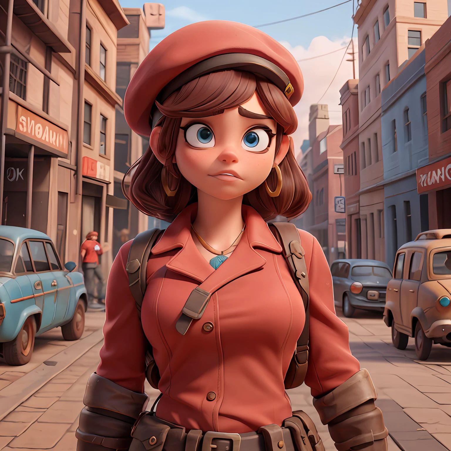 personnage "cornemuseur" (Sarah Hyland) Résistant "vêtements de journaliste rouges" de l' "années 60", cheveux noirs, chapeau en forme de béret, sourcils épais, yeux marrons, jeu "Fallout 4"