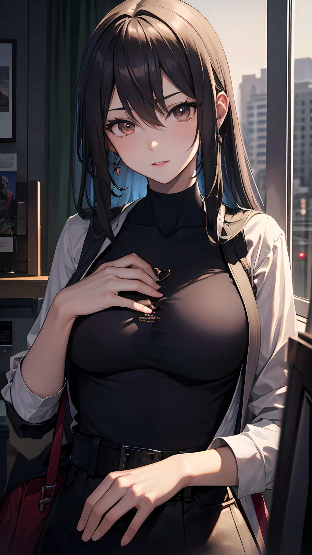 Anime girl with big breasts posing in front of the window, ((chest wide open)), ((upper body)), ((focus on people)), seductive anime girls, best anime 4k konachan wallpapers, perfect gray haired girls, charming anime girls, 4k anime wallpapers, 4k manga wallpapers,, detailed digital anime art, anime best girls, beautiful anime girl, cyberpunk, detailed anime artwork, beautiful attractive anime woman