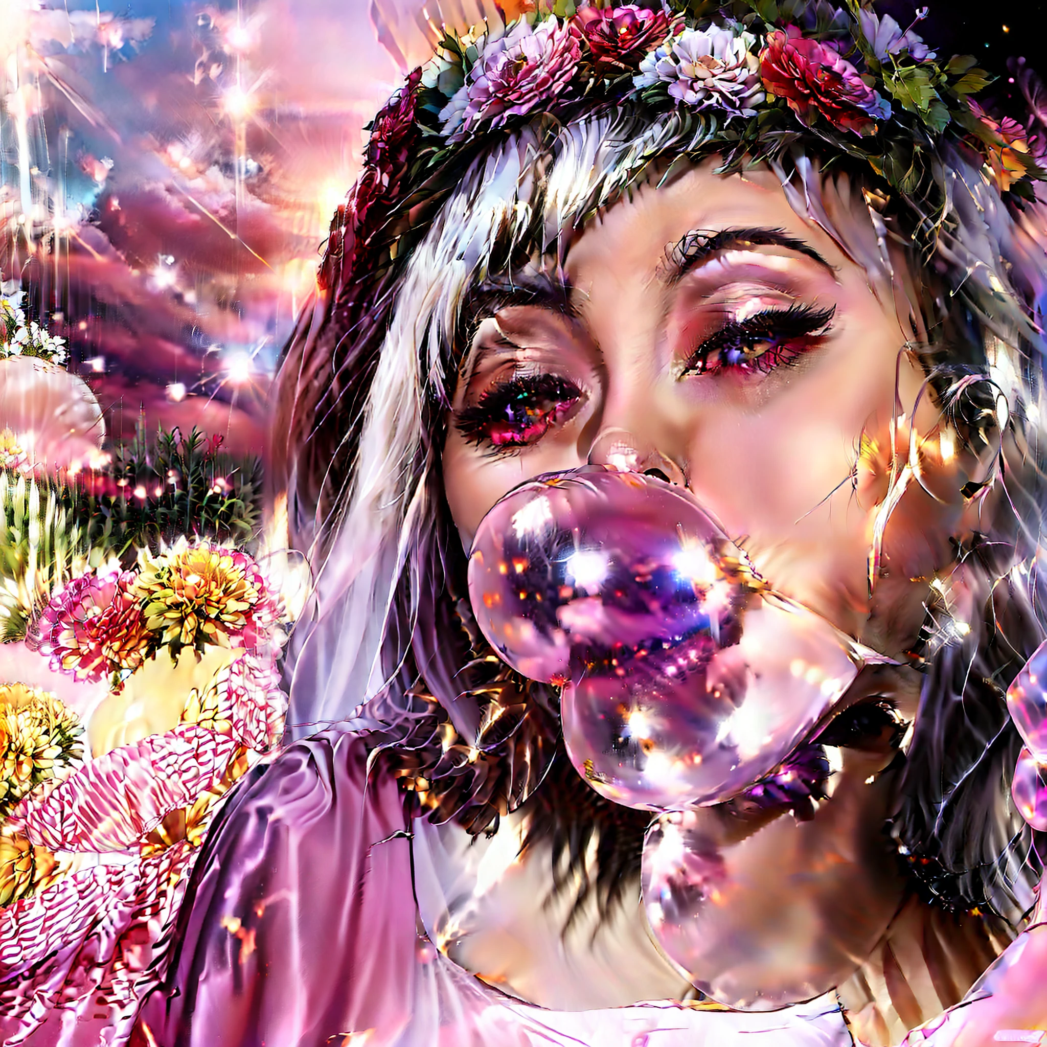 realistic, 1girl, white hair, purple eyes, glowing eyes, crop top, skirt, parted lips, blush, night, flowers, sun, sunlight, massive big breasted bimbo, armored spacesuit with logos, massive(inflating bubble gum, blow bubble), thick pouty lips, massive erection under clothes, bulge, bulge, 🌄🌅sky, roman villa, behance, pixiv, artstation, reflections,8k,4K, ☀️🔥🌌💎💯🔝