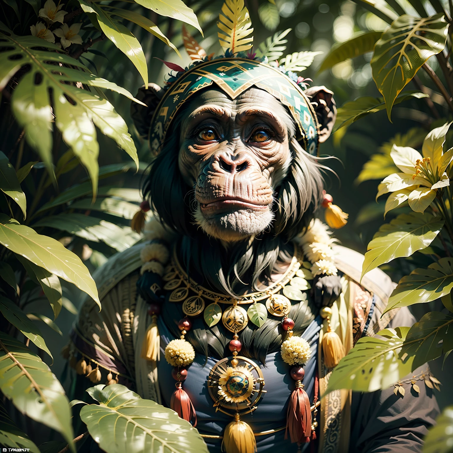 Chimpancé indígena con tocado en la cabeza, tocado con muchas plumas y flores de colores, meditando en la densa jungla tropical