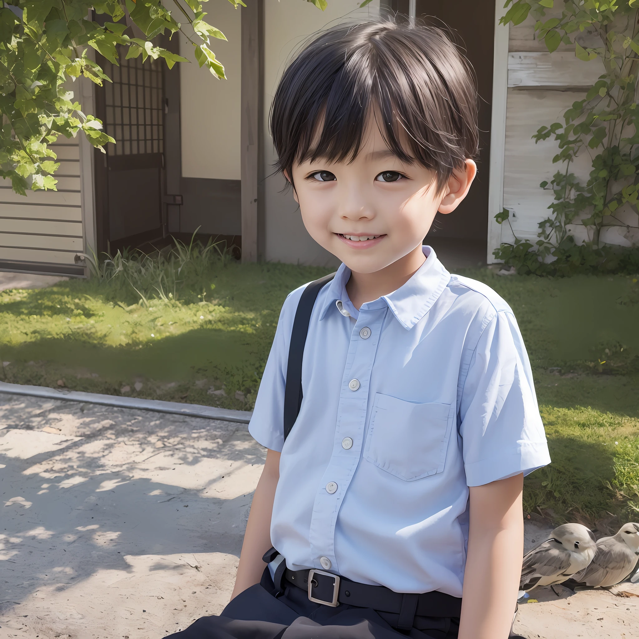 Realistisch, Detaillierte Zeichnung, 3-jähriger Junge lächelt und schaut auf ein Flugzeug am Himmel. sonniger Tag, Japanischer Vater mit schwarzen Haaren und blonde Mutter Blick auf die . Vögel fliegen. Die Zeit vergeht zu schnell. --auto --s2