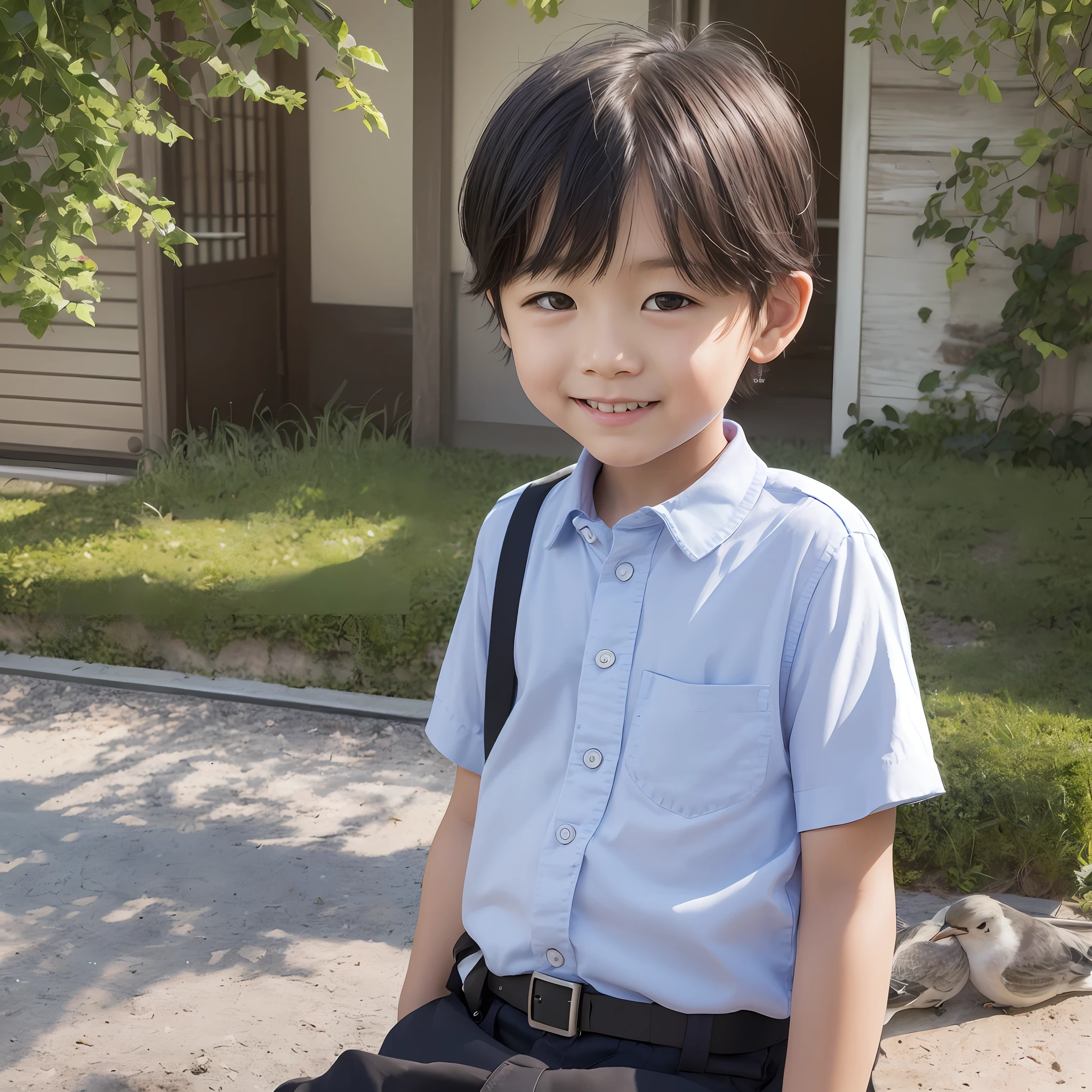 Realistic, detailed drawing, 3-year-old boy smiling and looking at a plane in the sky. Sunny day, Japanese father with black hair and blonde mother looking at the child. Birds flying. Time passes too fast. --auto --s2