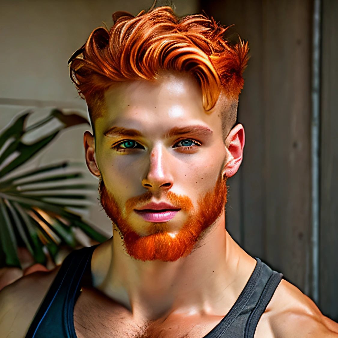 Young man, redhead, short hair, fair skin, green eyes, no beard, whole body muscular, very handsome, wearing a tank top