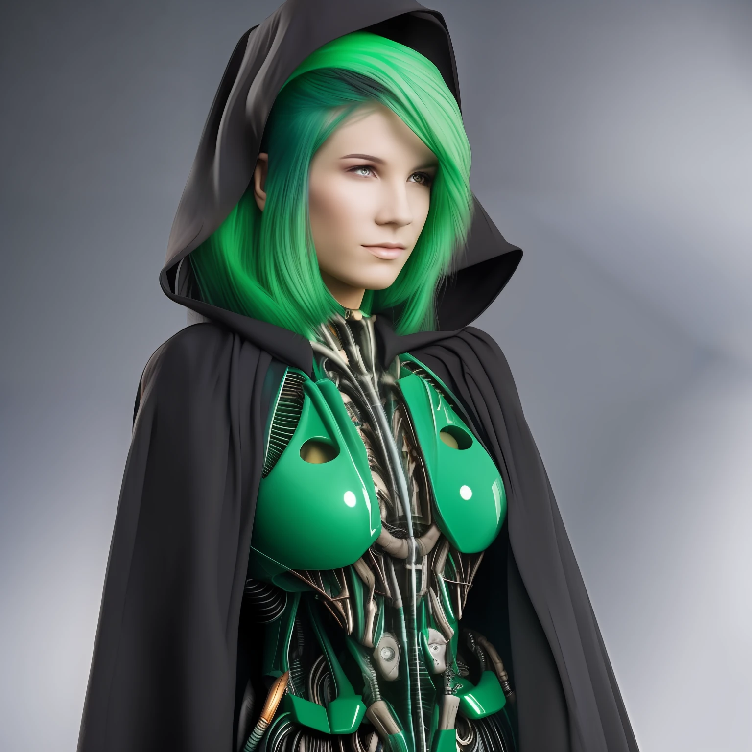 36-year-old woman, humanoid alien biomechanical appearance, porcelain-colored skin, lake charcoal green hair, completely black eyes, black cloak covering her body, serious countenance