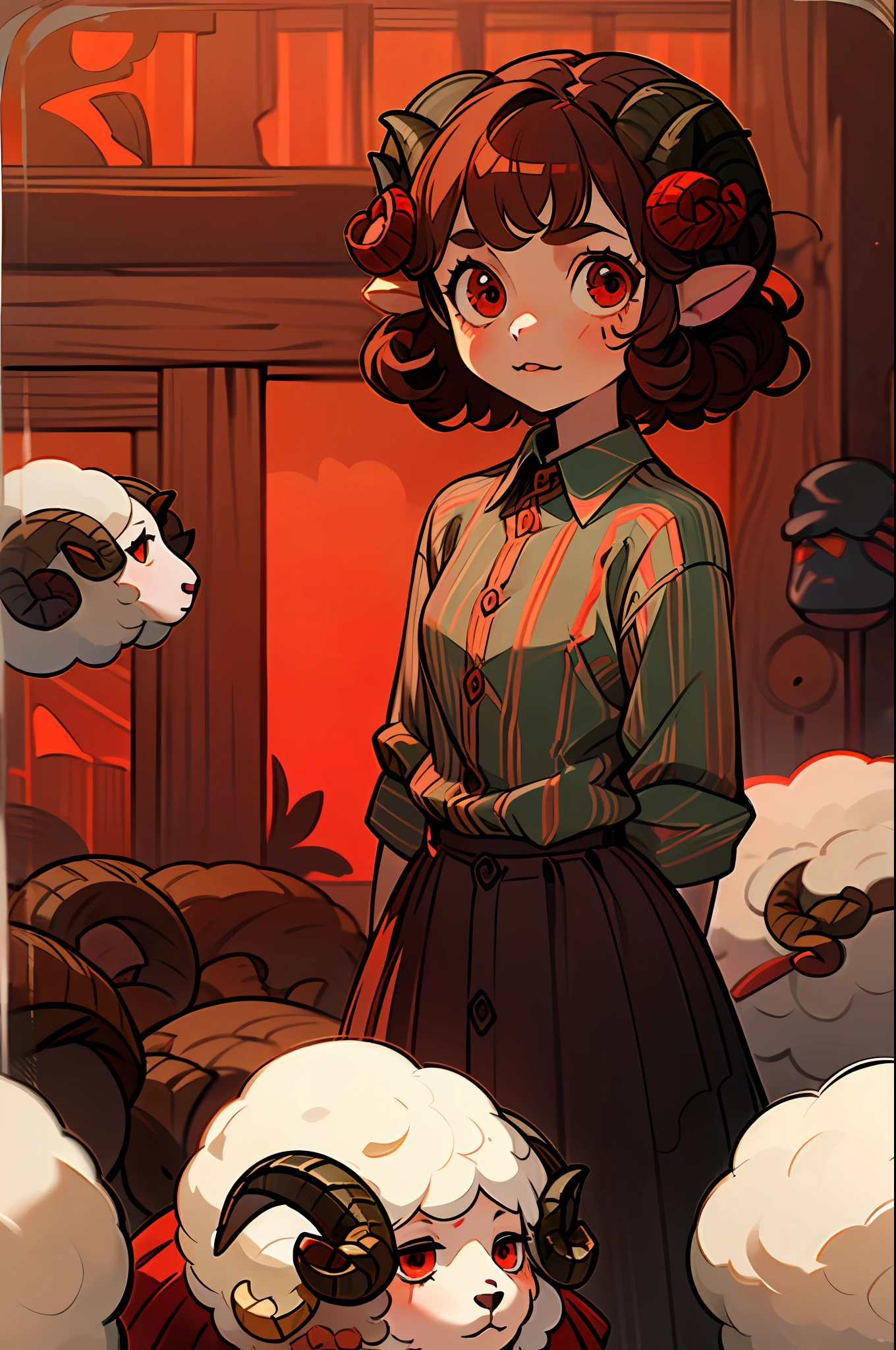 (( girl /with sheep horns):1.5) ,((brown curly hair):1.2), (wearing red striped button shirt :1.4), ((red eyes):1.3), looking at the viewer, in an (old/rustic house),4k,large hips