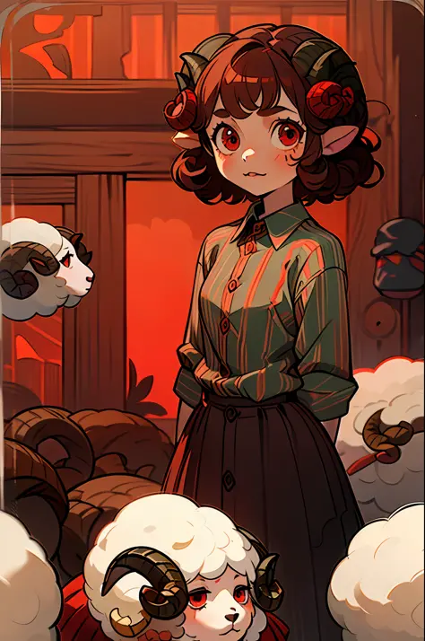 ((8 year old girl /with sheep horns):1.5) ,((brown curly hair):1.2), (wearing red striped button shirt :1.4), ((red eyes):1.3), ...