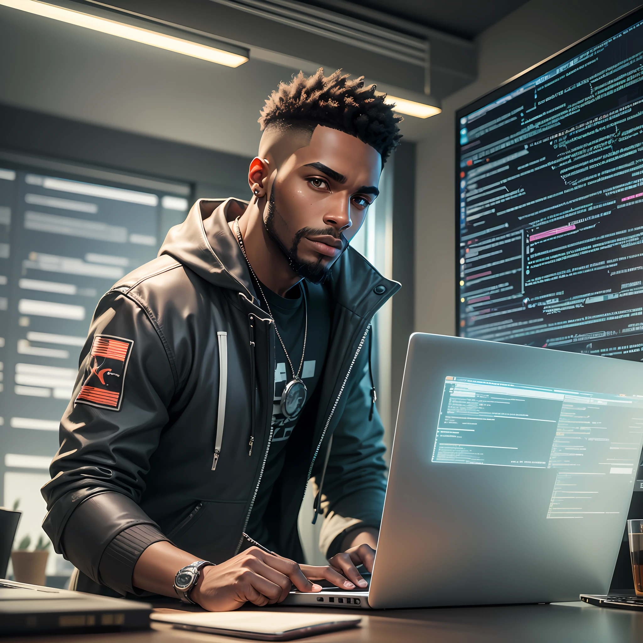Black man around 22 years old, good looking and bearded, python programmer, cyberpunk, inside an apartment, looking through glass windows, futuristic city, strategist look, laptop, cinematic, ultra realistic, highly detailed (masterpiece) --auto --s2