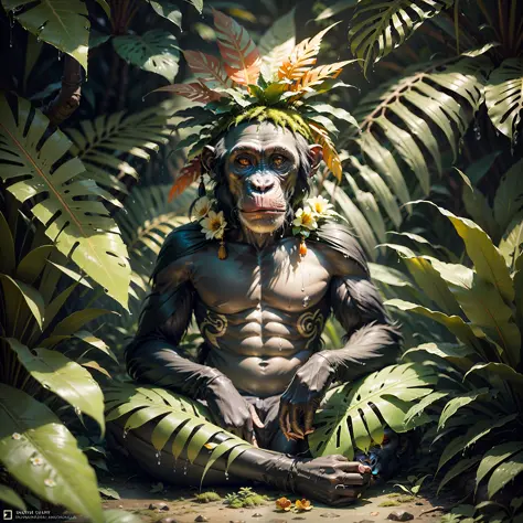 indigenous chimpanzee with headdress on head, headdress with many colorful feathers and flowers, meditating in the dense tropica...