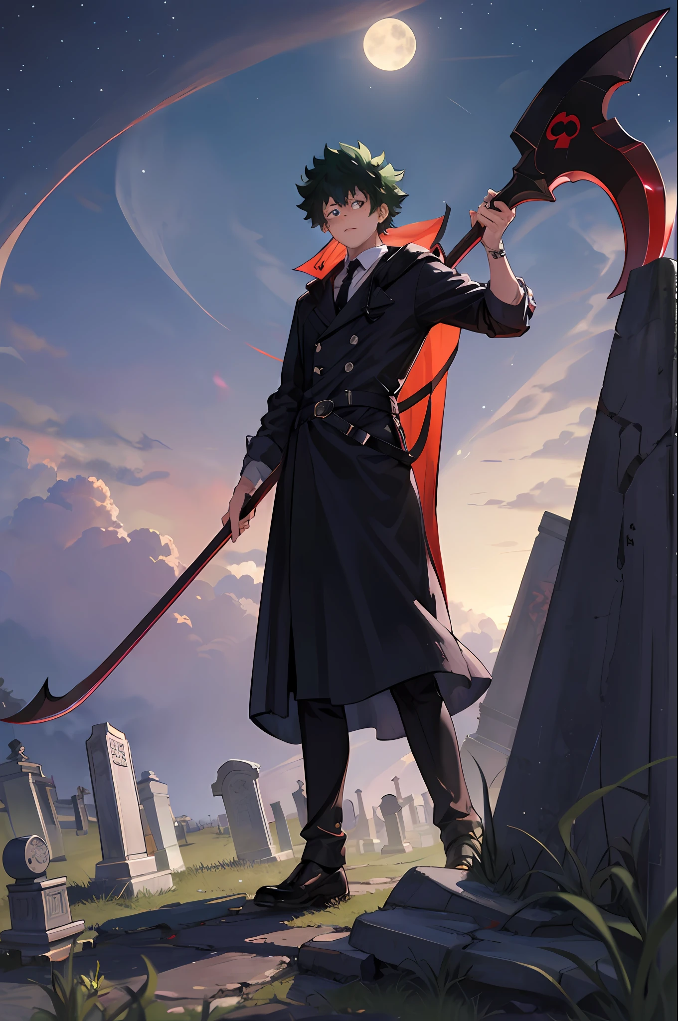 "izuku_midoriya_as_the_grim_reaper dressed_in_plague_doctor's_clothes wielding_a_scythe in_a_cemetery under_the_crimson_moonlight"