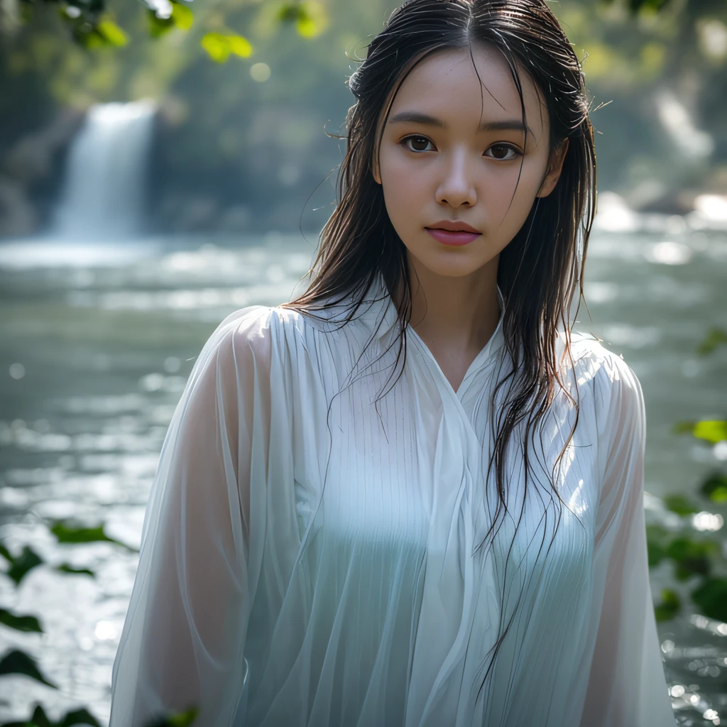 An Asian woman in a very long dress and wet by water, in a stunning way and in high definition. very soaked