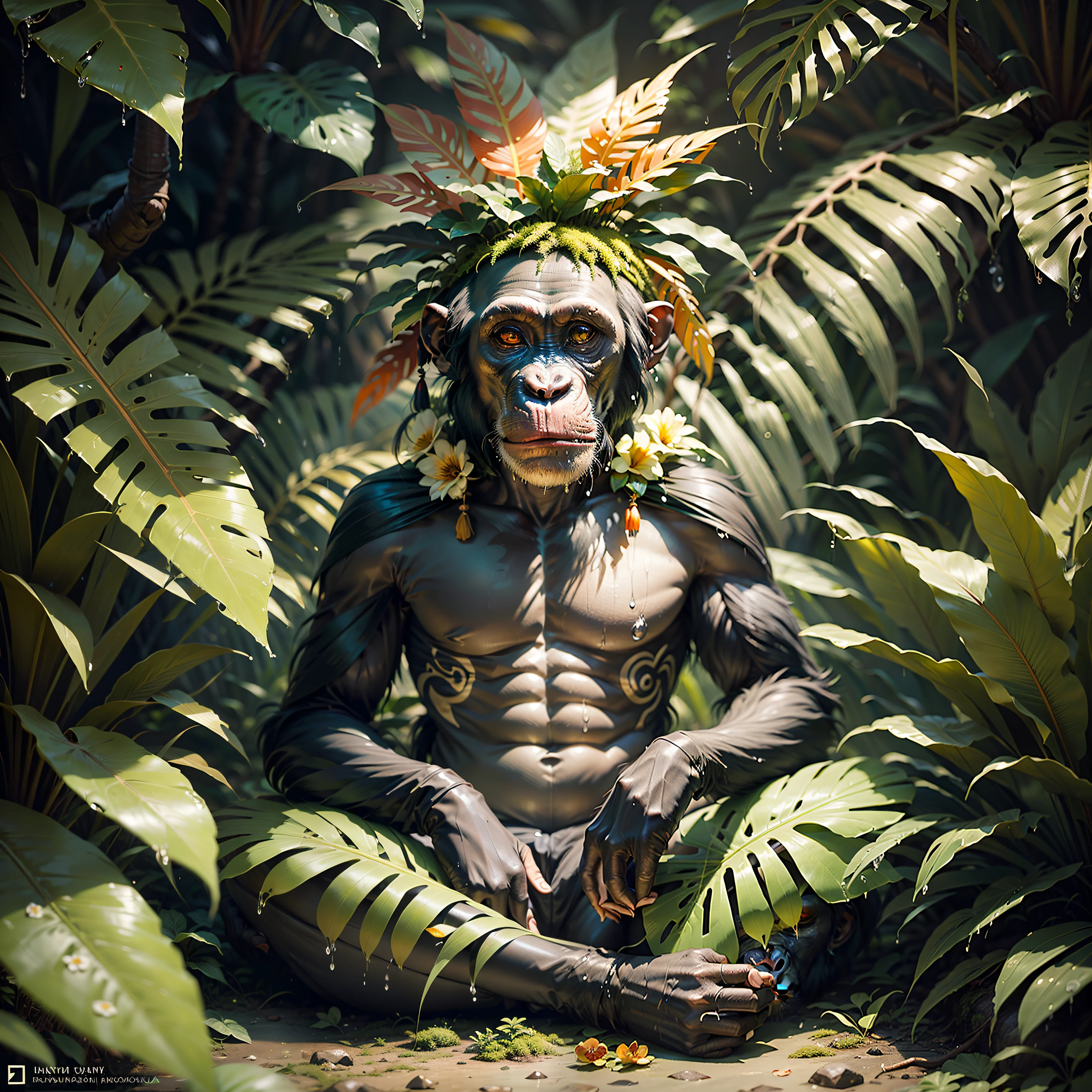 头上戴头饰的土著黑猩猩, 有许多彩色羽毛和花朵的头饰, 在茂密的热带丛林中冥想, 他周围有许多湿树叶, 苔藓, 树叶茂盛的地面, 黑夜,,杰作,,