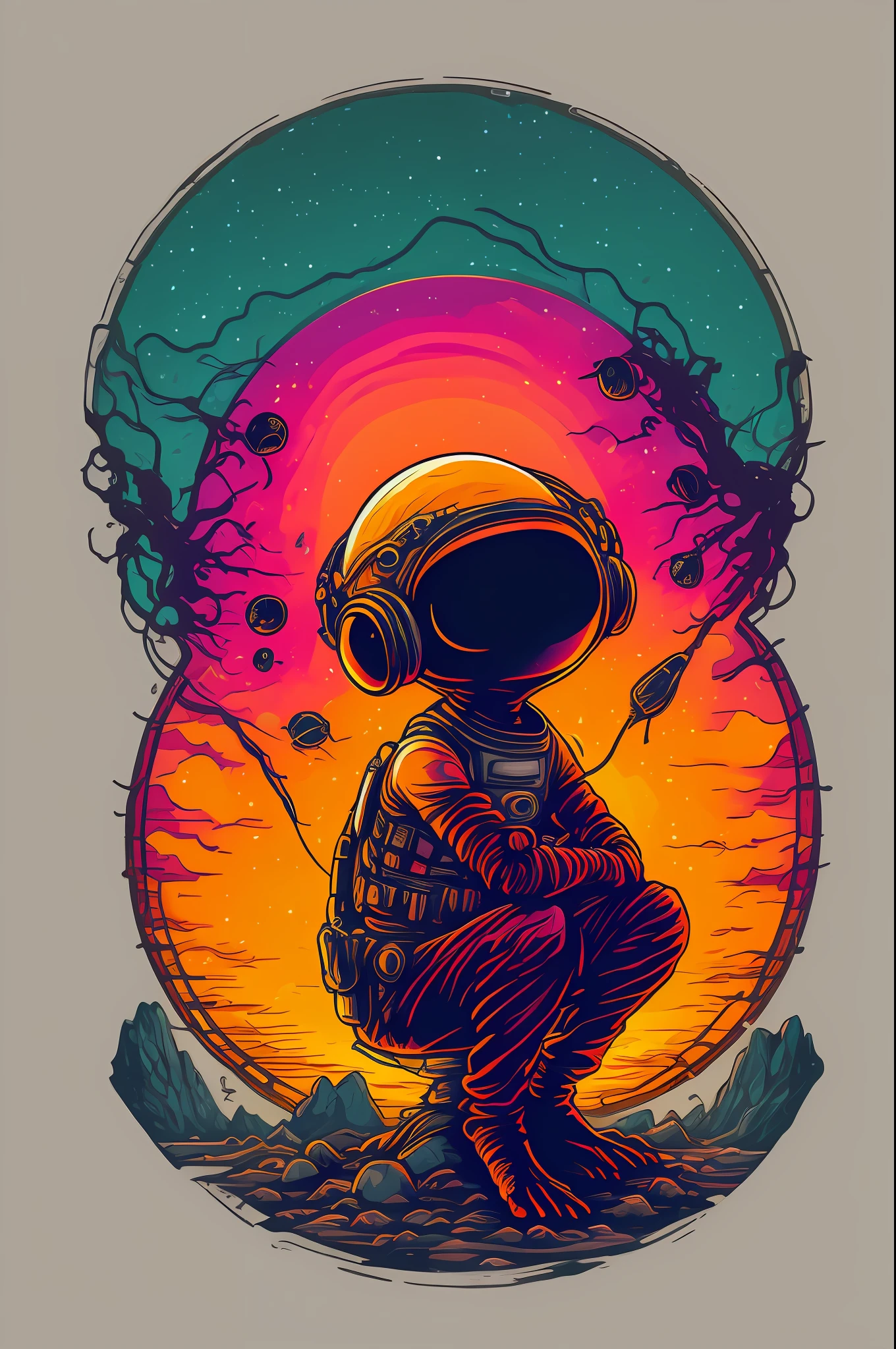 An alien sitting on a rock in a relaxed position, with a headset, in a circle, with white background and art vector style, in a vibrant and characteristic sunset, with detailed and sharp outline, as a t-shirt logo in the style of art