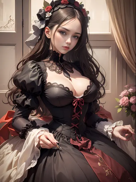 (Pure Color: 0.9), (Color: 1.1), (Masterpiece: 1,2), Best Quality, Masterpiece, High Resolution, Original, Highly Detailed Wallpaper, Beauty, Beauty, Victorian, Dress, Melancholy, Big Breasts, --auto --s2