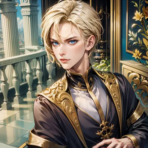 kk, best quality, more details, masterpiece, 1 boy, portrait, male focus, blue eyes, solo, straight bangs, look at the viewer, aristocratic black and gold clothes, short straight hair, ((fantasy city balcony palace))), highlights, (((ANNOYING, SERIOUS LOOK...