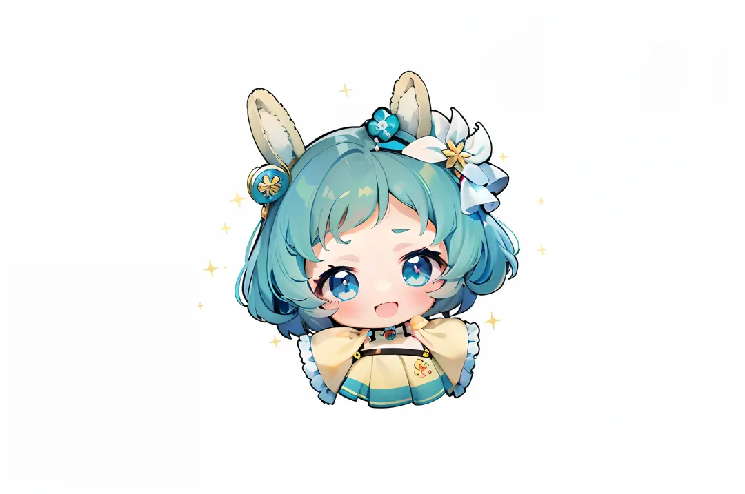 anime girl with blue hair and a yellow dress, anime moe artstyle, original chibi bunny girl, loli, kawaii realistic portrait, ch...