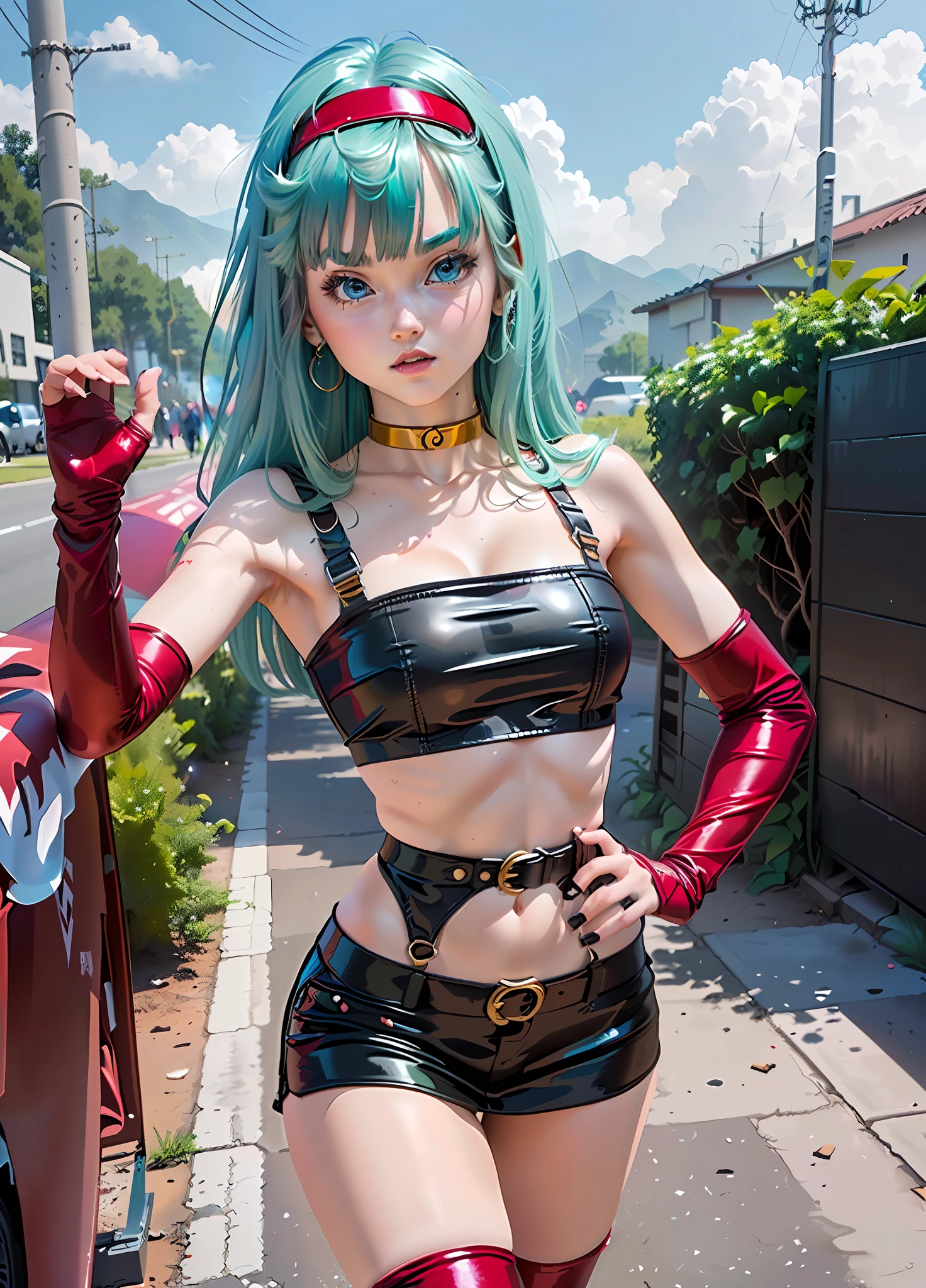 Há uma garota com roupa de couro posando, Cosplay de garota de anime, garota de anime na vida real, mikudayo, Sutiã de Dragon Ball GT, Cosplay de Hatsune Miku, estilo anime 3D realista, cosplay de anime, inspirado em anime, estilo anime. 8K, badass anime 8K, garota de anime com cabelo azul, personagem de anime; Arte de corpo inteiro