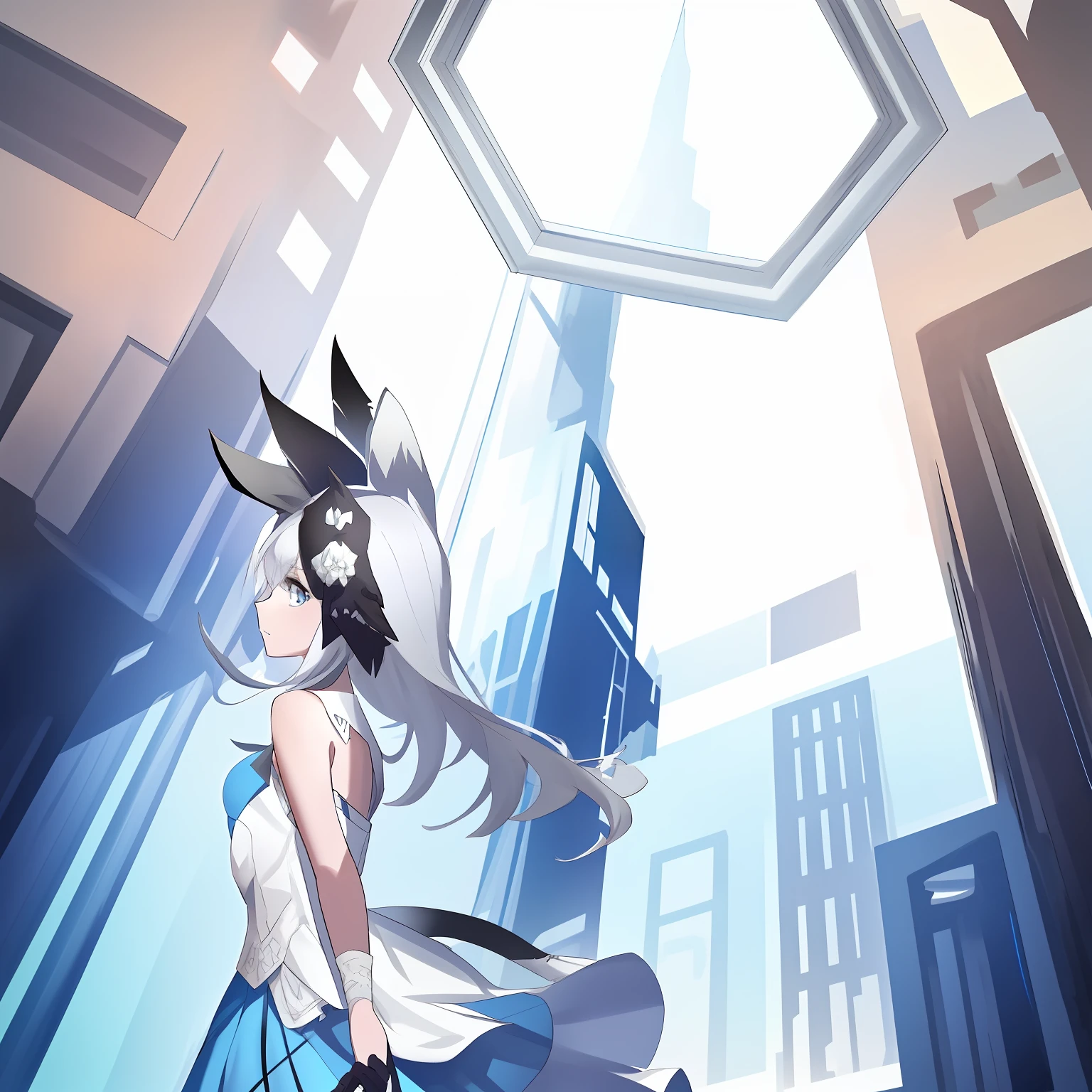 garota anime com vestido branco, cabelo preto e branco e um gato preto e branco, dos arknights, estilo azur lane, arte oficial altamente detalhada, melhor papel de parede de anime 4k konachan, arte digital no pixiv, do videogame azur lane, cidade ao fundo, papel de parede de arte de anime 8k, [ arte digital 4k ]!!