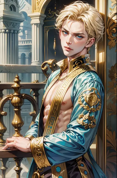 kk, best quality, more details, masterpiece, 1 boy, portrait, male focus, blue eyes, solo, straight bangs, look at the viewer, aristocratic black and gold clothes, short straight hair, ((fantasy city balcony palace))), highlights, (((ANNOYING, SERIOUS LOOK...