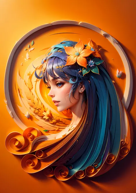 paper art, 3d rendering, colorful, beauty side face, phoenix, flowers, butterfly, lines, best quality, detailed details, masterp...