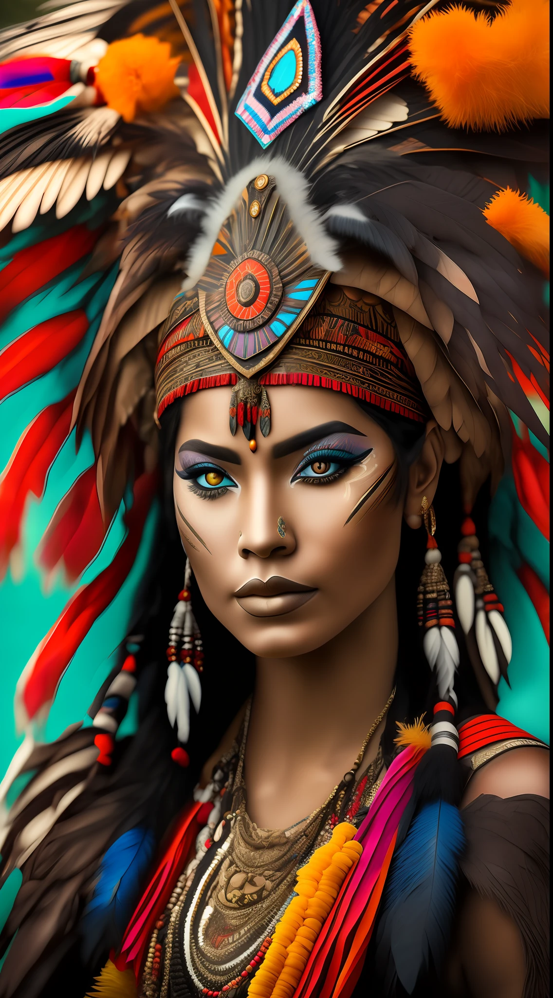 A closeup of a woman wearing a headdress of feathers and feathers, beautiful young shaman, Aztec princess portrait, she is dressed in shaman clothes, wearing crown of bright feathers, a young female shaman, : Native American shaman costume, a stunning portrait of a goddess, portrait of a colorful fantasy nymph, girl with feathers,  Portrait of a warrior woman, insanely detailed, full body photograph --auto