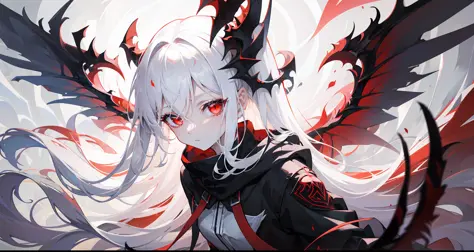 pale girl, floating in the hair, (white hair), red eyes, black sclera, looking down at the camera, full body, splashart, (with s...