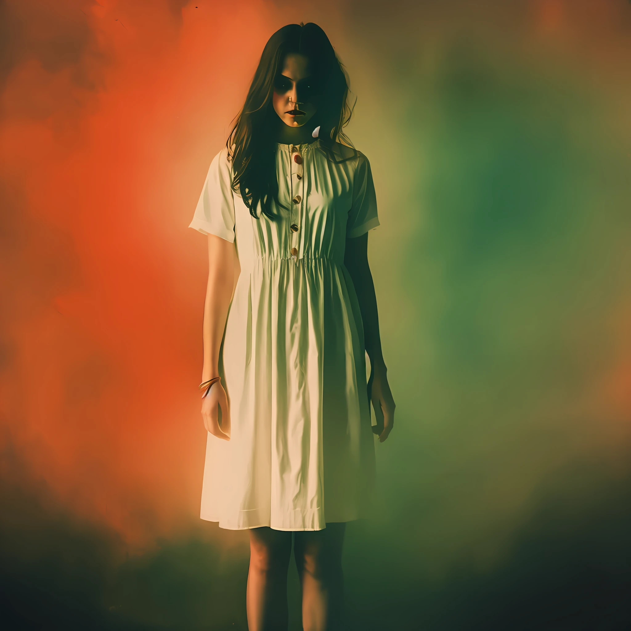 Woman in white dress stained with blood , dynamic lighting, photorealistic, trends in the art station, stunning visuals, nebulous, creative, cinematic, ultra detailed, atmospheric, ambient lighting, scary art, bad quality, heavy film grain, desaturated, bluish-green orange tone