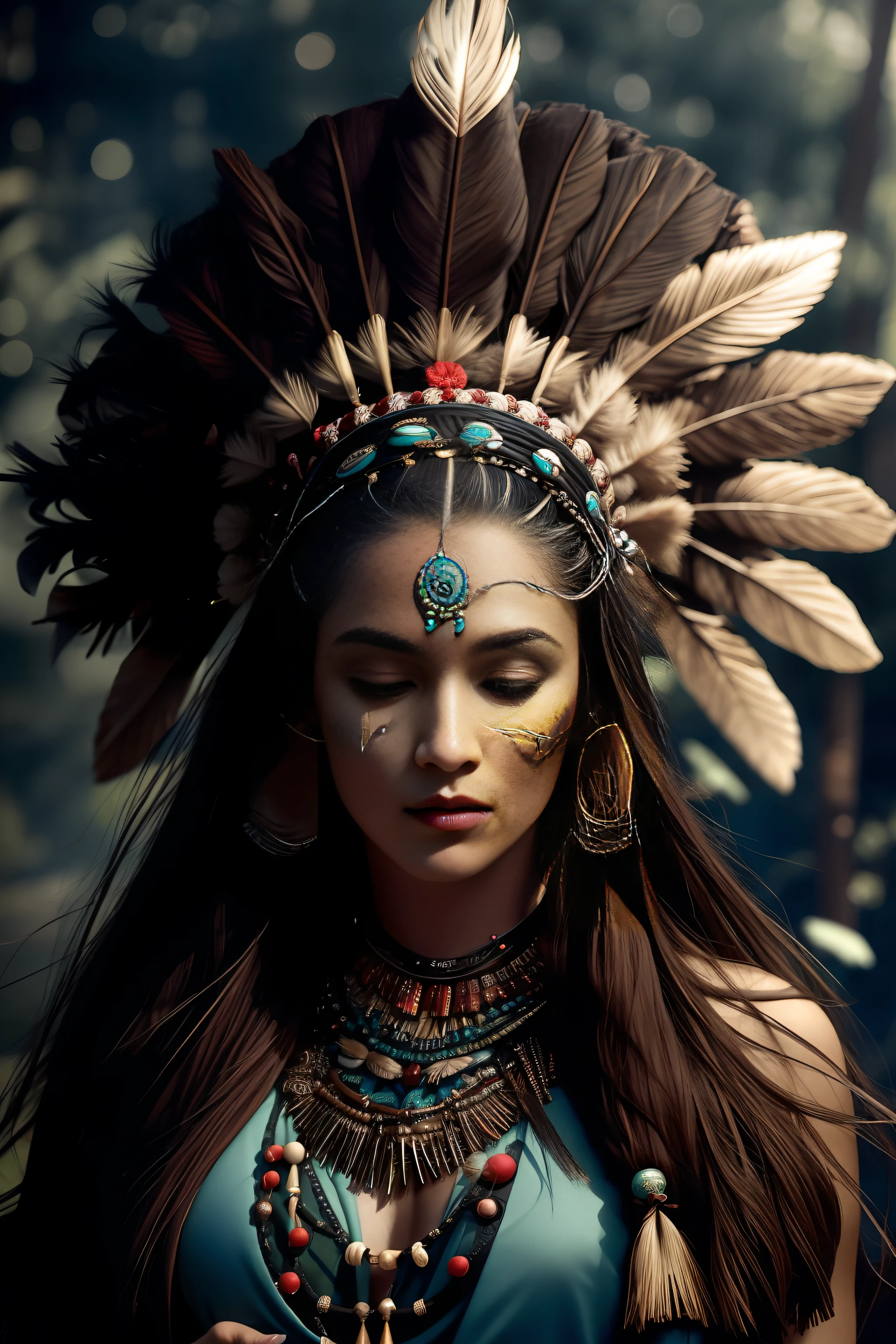 (full portrait), (half shot), solo, detailed background, detailed face, (stonepunkAI, stone theme:1.1), wise, (female), (native american), (beautiful hair, braids:0.2), shaman, septum piercing, mystical, (gorgeous face), stunning, head tilted upwards, (eyes closed, serene expression), calm, meditating, Seafoam Green frayed clothes, prayer beads, tribal jewelry, feathers in hair, headdress:0.33, jade, obsidian, detailed clothing, cleavage, realistic skin texture, (floating particles, water swirling, embers, ritual, whirlwind, wind:1.2), sharp focus, volumetric lighting, good highlights, good shading, subsurface scattering, intricate, highly detailed, ((cinematic)), dramatic, (highest quality, award winning, masterpiece:1.5), (photorealistic:1.5), (intricate symmetrical warpaint:0.5),