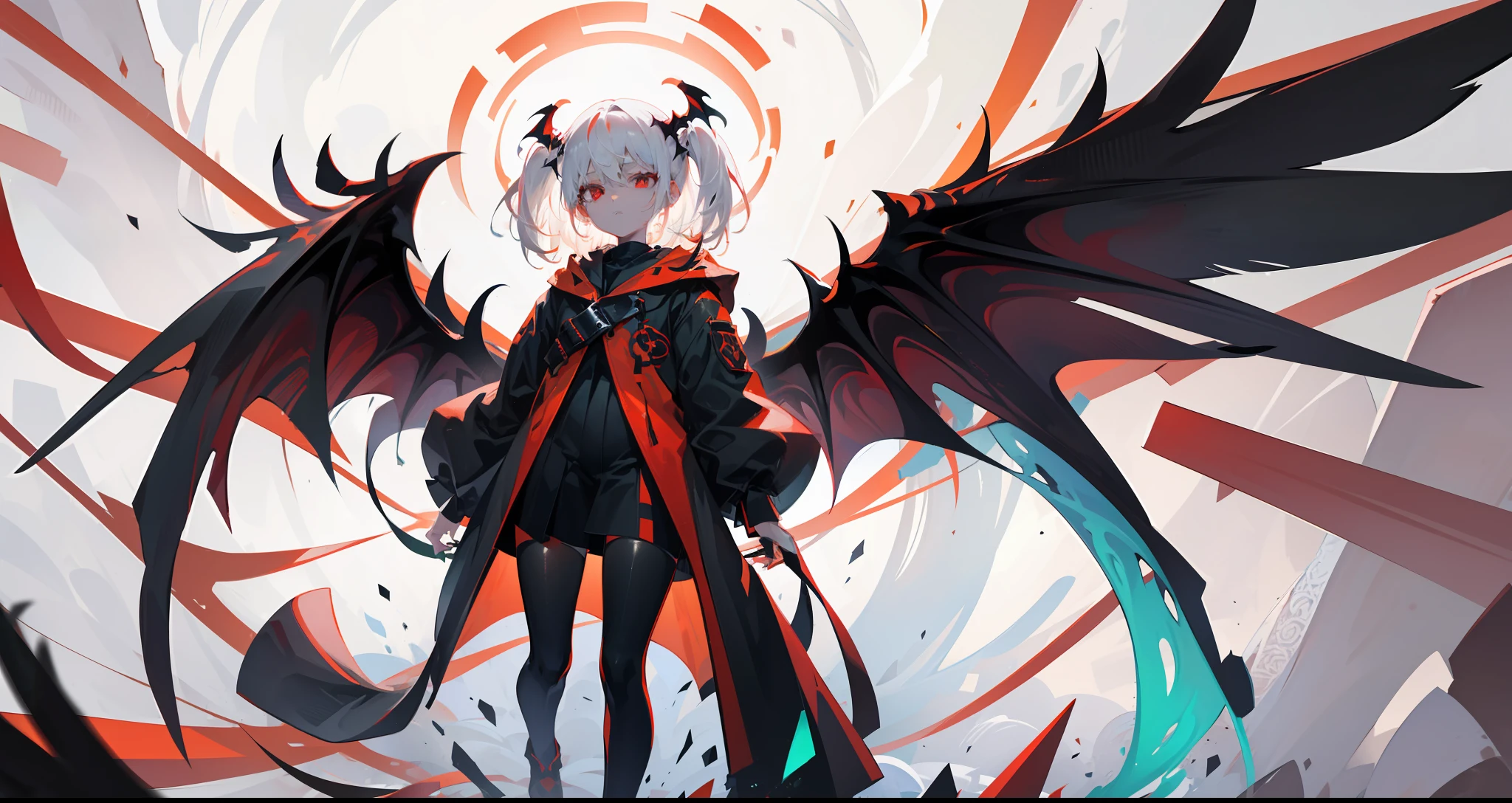 Pale girl, floating in the hair, (white hair), red eyes, black sclera, looking down at the camera, full body, splashart, (with six dark red wings), demonic atmosphere, beautiful girl, intimidating, detailed body, detailed face, detailed hair, (with a bright green background)