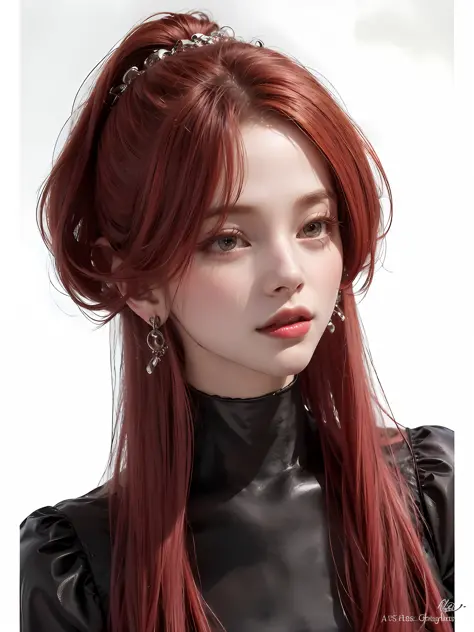 (masterpiece:1.3),(best quality:1.2),8k,absurdres,(extremely detailed:1.3),highestres,(girl:1.2),portrait,
,shirt, long hair,  very long hair,red hair, sexy clothes, antagonis character, red lips