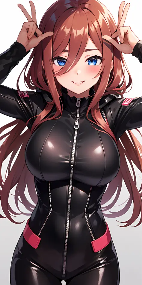 (Best quality:1.3), nakano miku, brown long hair, hair between eyes, large round breasts, tight zipped bodysuit, smiling, blushi...