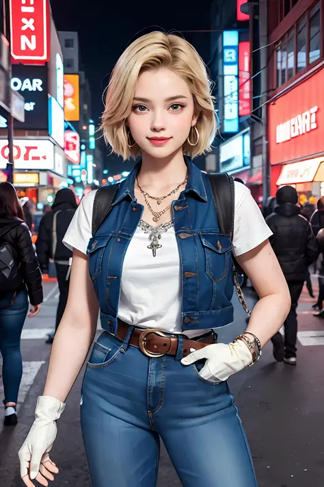masterpiece, best quality, ultra-detailed, absurd, Portrait of cute Android18DB, solo, earrings, jewelry, jeans, smile, belt, vest, pants, gloves, necklace, jeans, cyberpunk street bustling with neon signs, volumetric lighting, best quality, masterpiece, i...