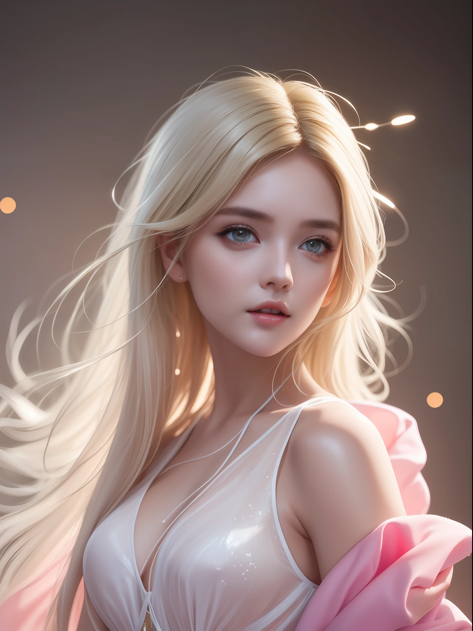 blond woman with white hair and glowing lights in a pink dress, beautiful digital artwork, fantasy gorgeous lighting, gorgeous digital art, stunning digital illustration, digital fantasy art ), 3 d render character art 8 k, a stunning young ethereal figure, 4k highly detailed digital art, ethereal fantasy, very beautiful digital art, beautiful digital art, fantasy digital art, digital fantasy art