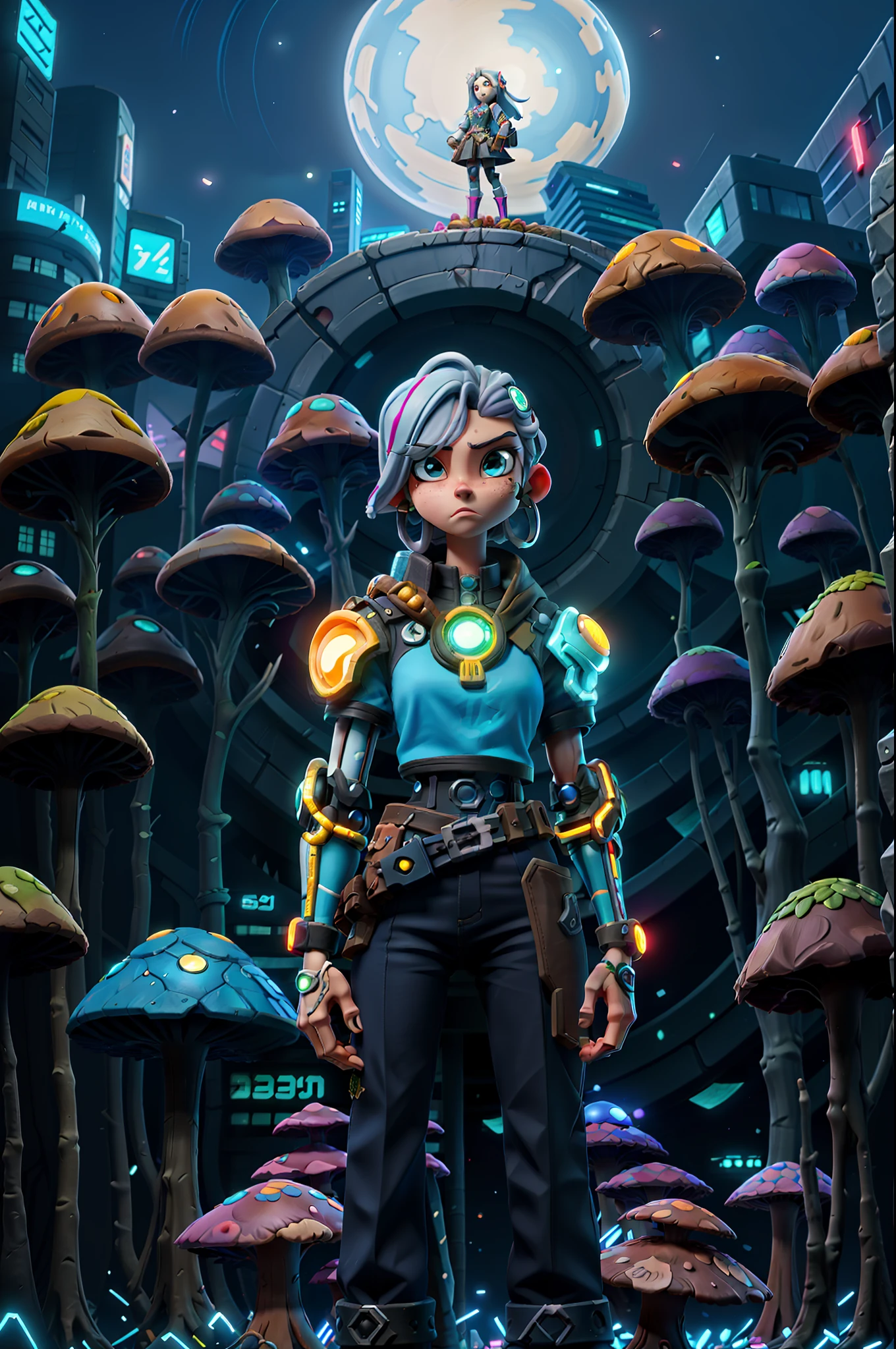 a woman standing in front of a mushroom filled city at night, sci-fi anime, anime cyberpunk, sci fi anime, ufotable art style, anime girl of the future, modern sci-fi anime, modern cyberpunk anime, afrofuturism anime, digital cyberpunk anime!!, ufotable, alice in wonderland cyberpunk, cyborg - girl with silver hair, dreamy psychedelic anime