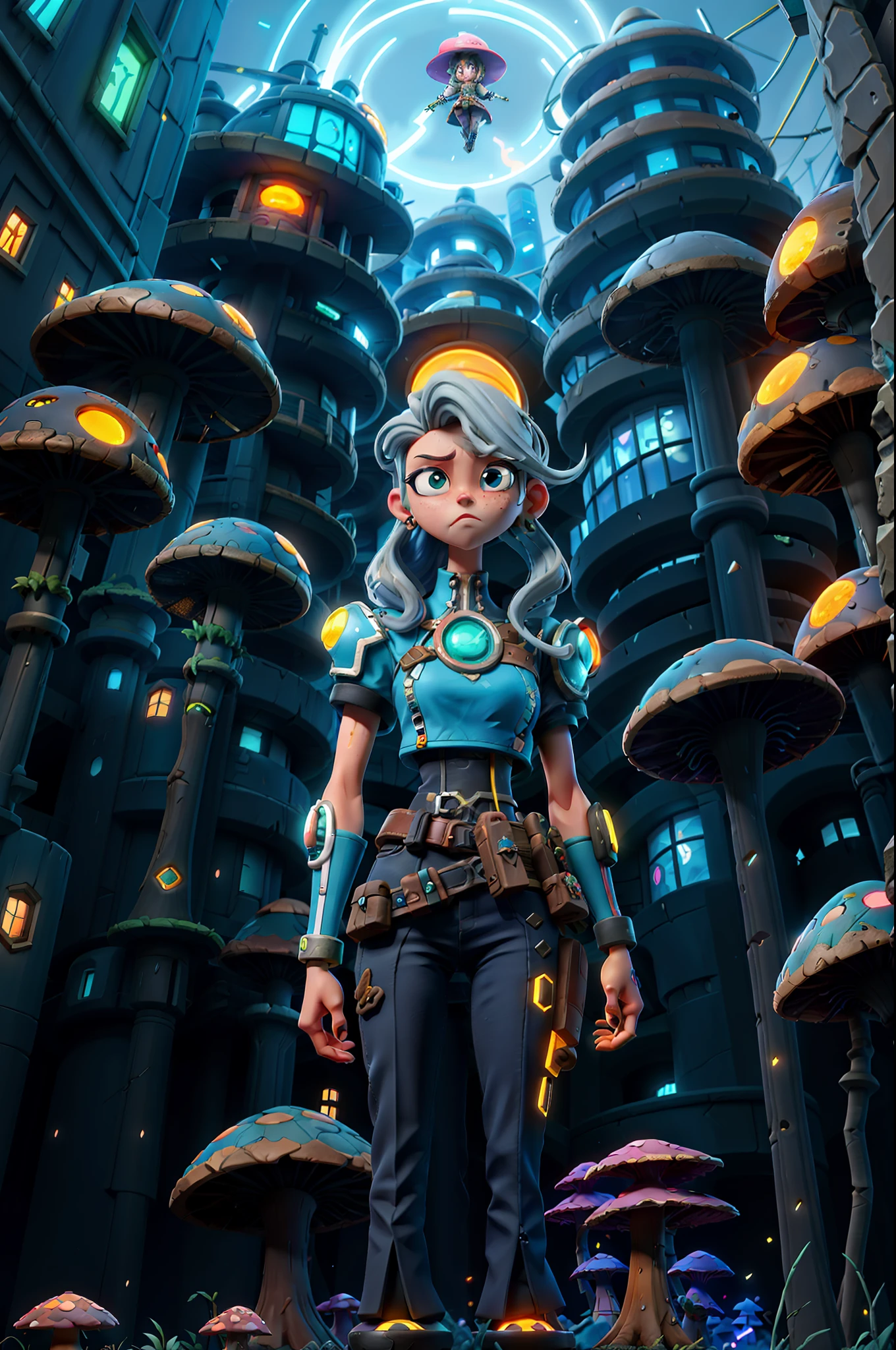 a woman standing in front of a mushroom filled city at night, sci-fi anime, anime cyberpunk, sci fi anime, ufotable art style, anime girl of the future, modern sci-fi anime, modern cyberpunk anime, afrofuturism anime, digital cyberpunk anime!!, ufotable, alice in wonderland cyberpunk, cyborg - girl with silver hair, dreamy psychedelic anime